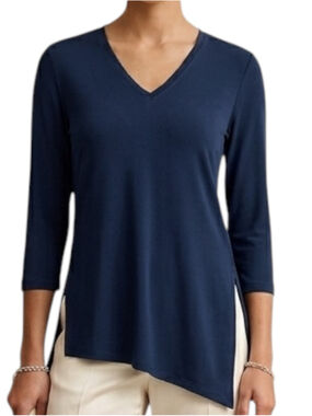Sympli V Neck asymmetrical hem 3/4 sleeve tunic top blouse navy blue size 6